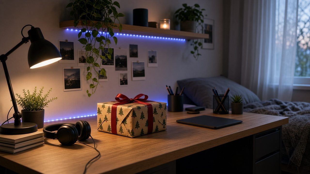 Chambre d'ado décorée avec lumières LED et cadeaux