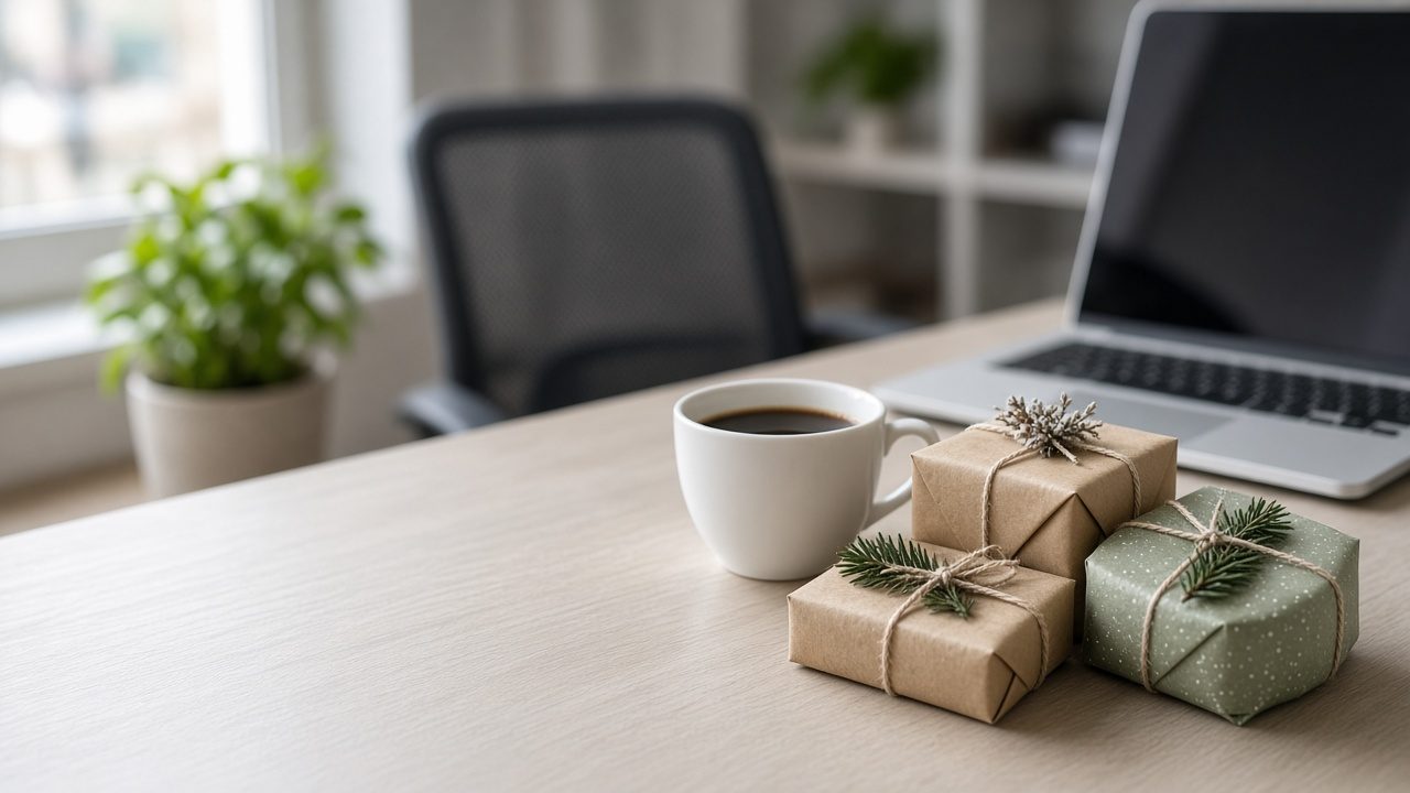 Petits cadeaux de Secret Santa posés sur un bureau