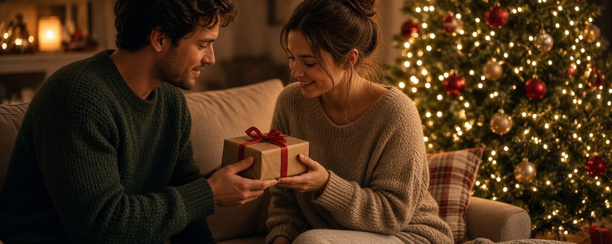 Jeune couple sur un canapé qui s’échange un petit cadeau emballé devant le sapin illuminé