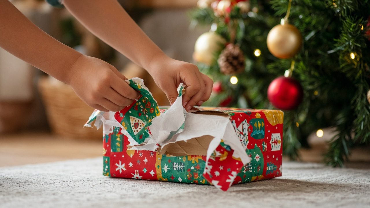 Enfant ouvrant un cadeau de Noël près du sapin