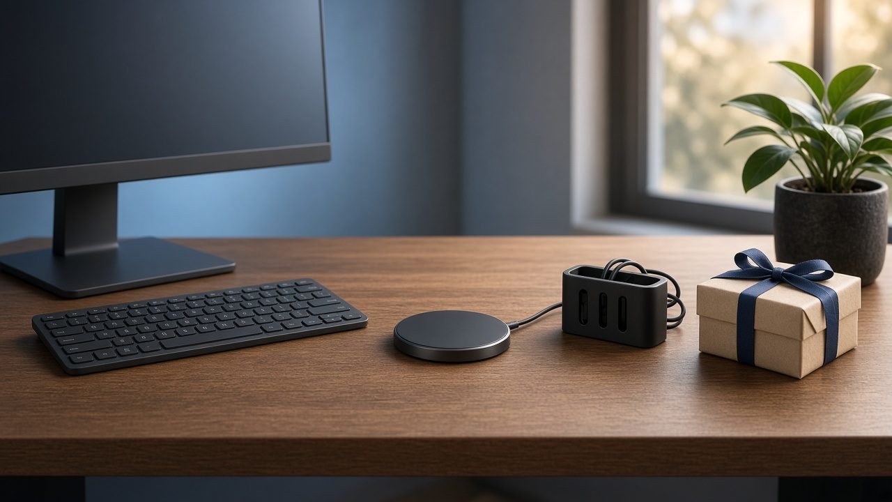 Bureau geek avec clavier, chargeur et petit cadeau