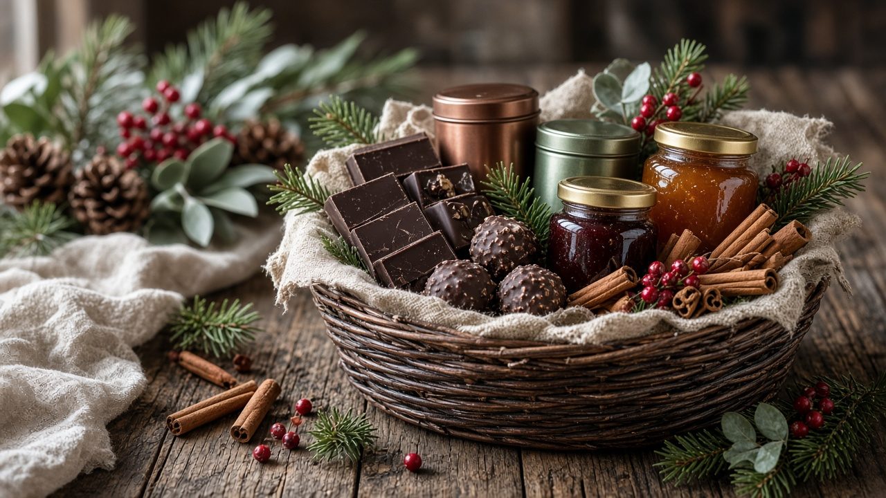 Panier gourmand de Noël avec chocolat, thé et confiture