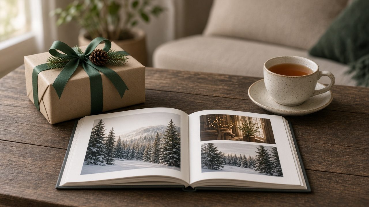 Cadeau de Noël et album photo sur une table de salon