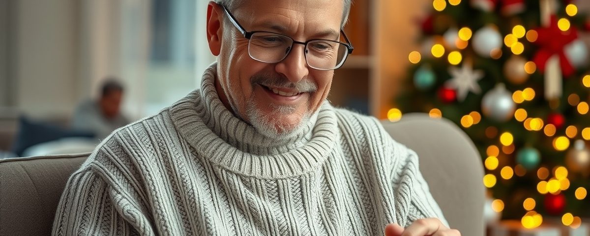 Papa souriant en pull de laine devant le sapin de Noël illuminé