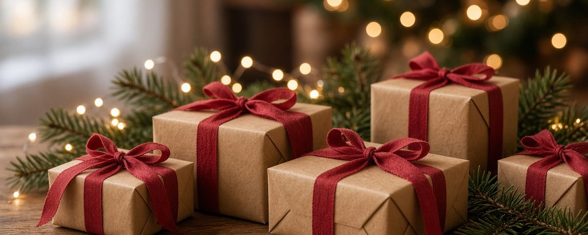 Petits cadeaux de Noël emballés en papier kraft et ruban rouge près du sapin