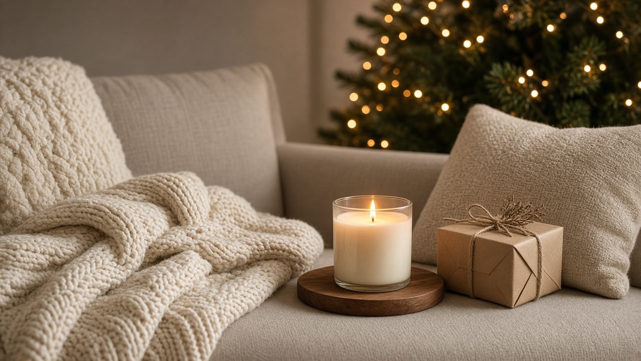 Cadeaux pour femme emballés avec une bougie et un plaid