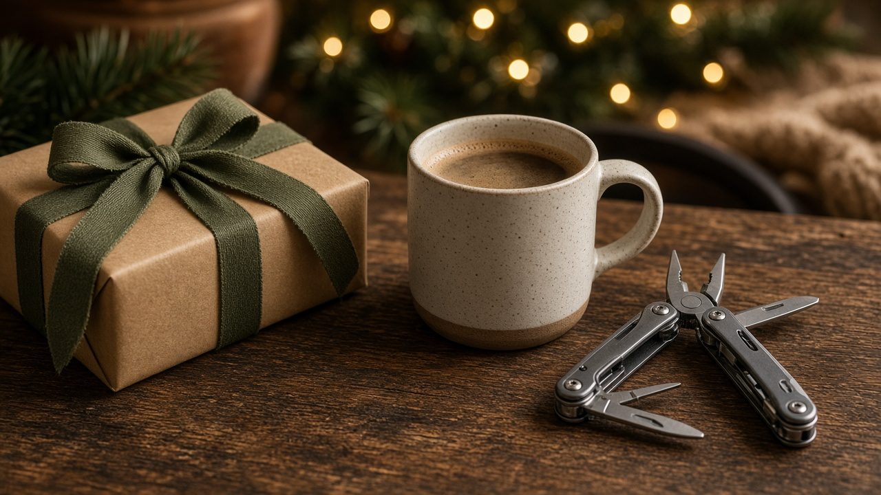 Cadeaux pour homme emballés à côté d'un mug et d'un multi-outil