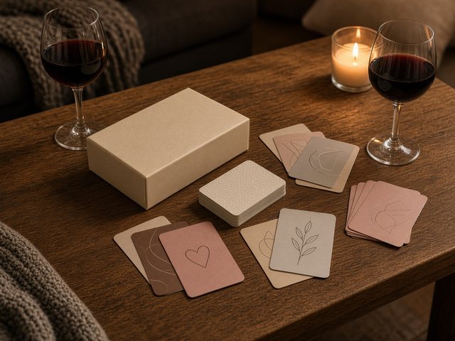 Jeu de cartes pour couple étalé sur une table basse en bois avec deux verres de vin et une bougie