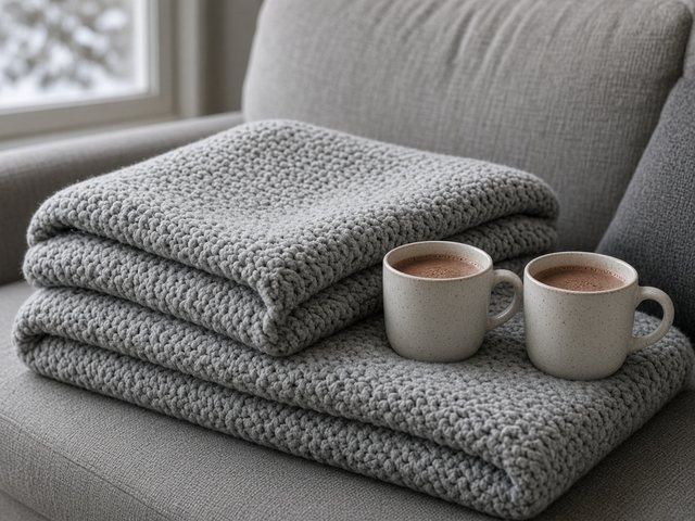 Grand plaid en maille grise plié sur un canapé avec deux mugs de chocolat chaud