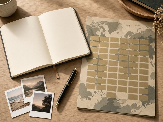 Carnet de souvenirs vierge ouvert à côté d’un poster de voyages à gratter, d’un stylo et de photos instantanées