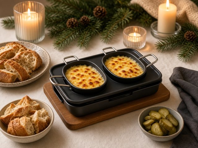 Appareil à raclette pour deux personnes avec fromage gratiné, pain et bougies sur une table de fête