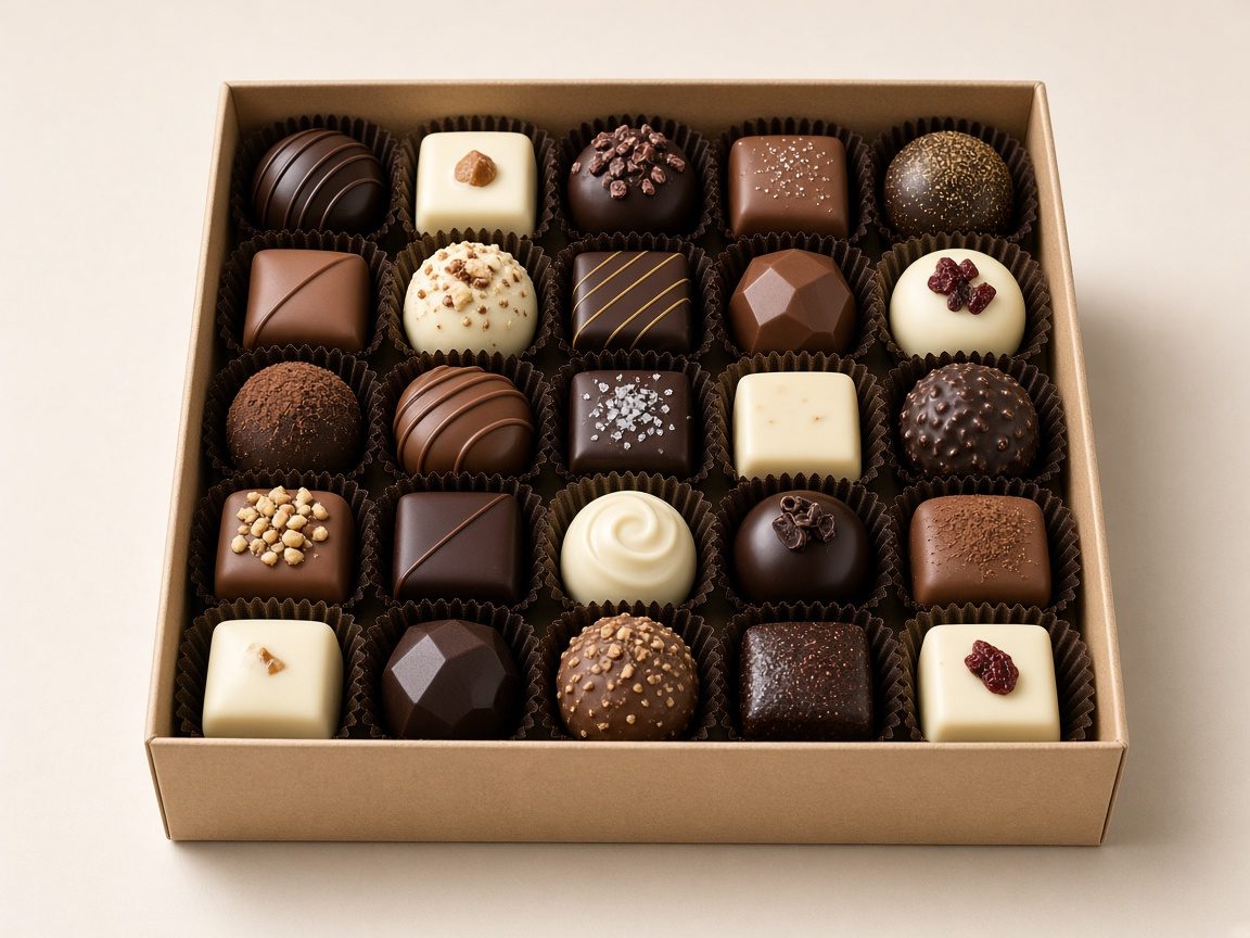 Coffret de chocolats variés ouvert