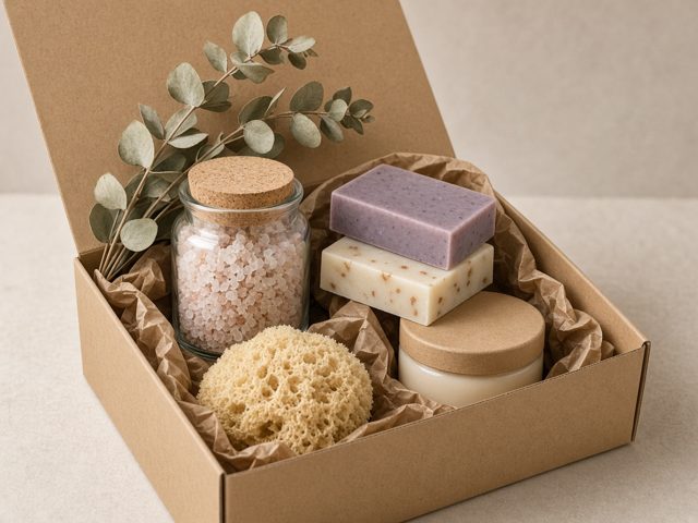 Coffret bien-être avec sels de bain, savons et crème dans une boîte kraft