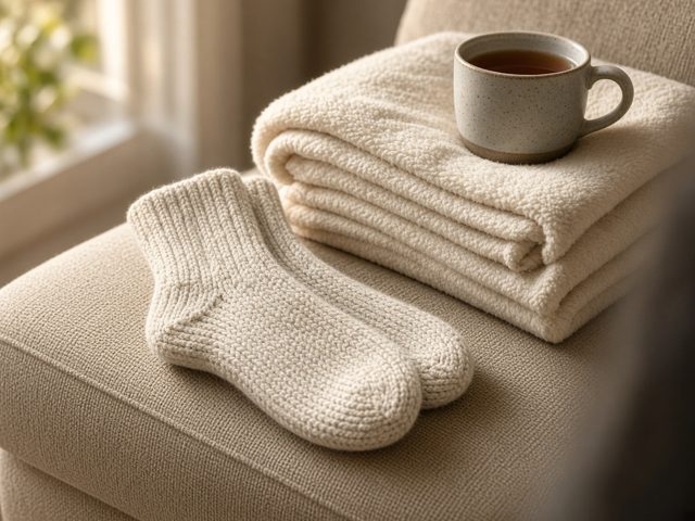 Chaussettes en maille douillettes et plaid polaire crème sur un canapé