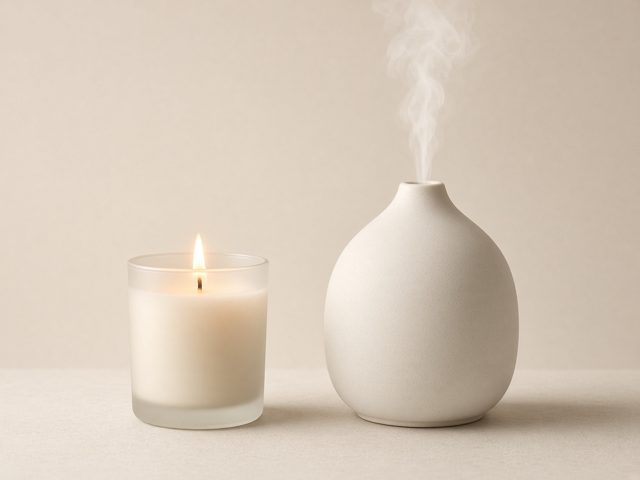 Bougie parfumée en verre dépoli allumée à côté d’un diffuseur d’huiles essentielles en céramique