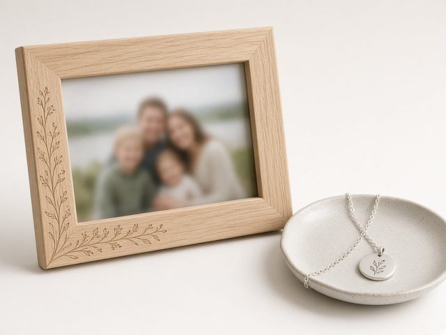 Cadre photo en bois gravé et collier pendentif argenté dans une coupelle