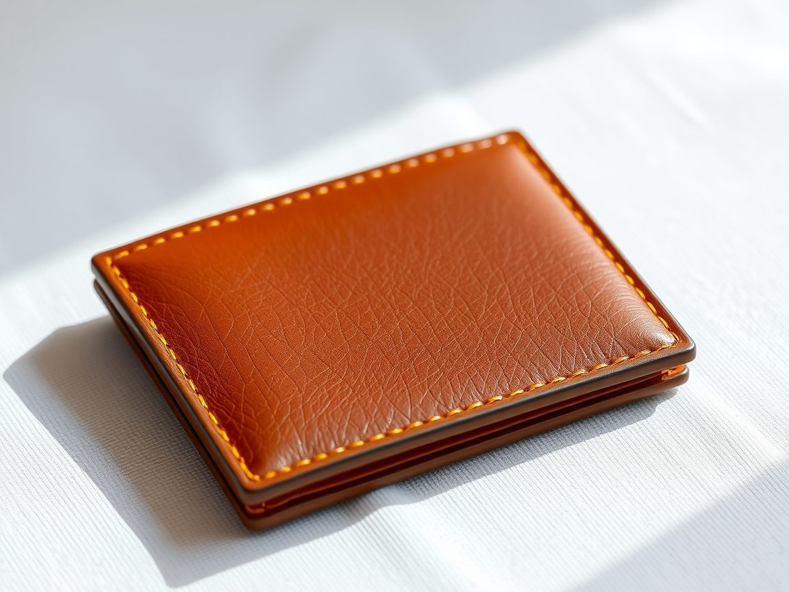 Portefeuille en cuir marron posé sur un tissu clair